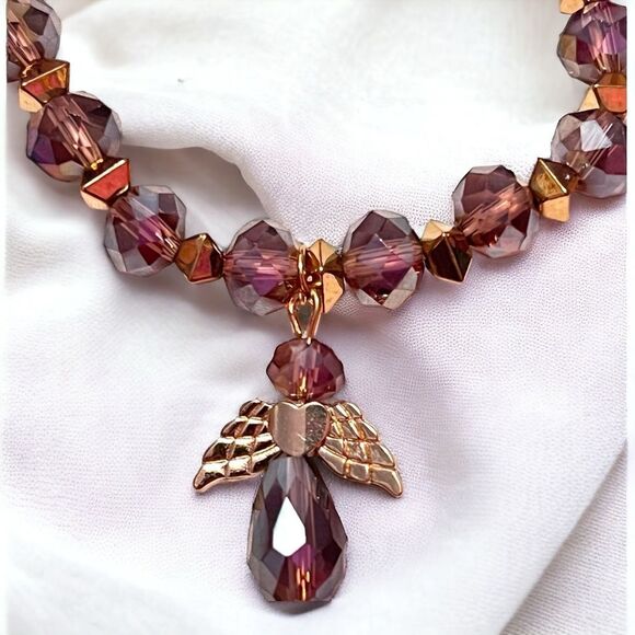 Purple Crystal Angel Charm Beaded Stretch Gold Tone Bracelet NWT - Picture 2 of 2